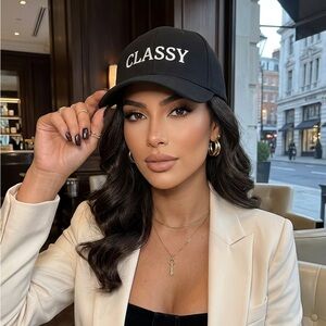 CLASSY Black Baseball Hat White Embroidered Minimalist Aesthetic Streetwear Cap
